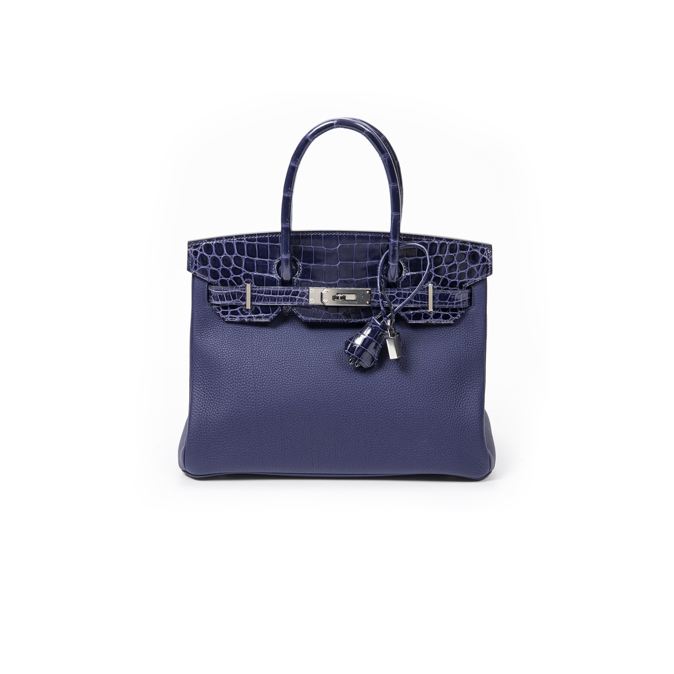 HERMÈS MASTER BIRKIN 25 CROCODILE AND TOGO LEATHER STORM BLUE SILVER BUCKLE H076216CK23 (25*20*13cm)